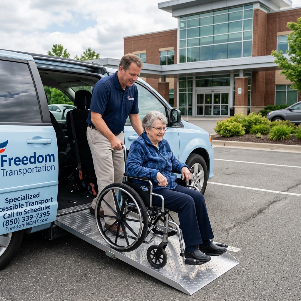 Freedom Transportation driver guiding a passenger in a wheelchair down an accessible van ramp